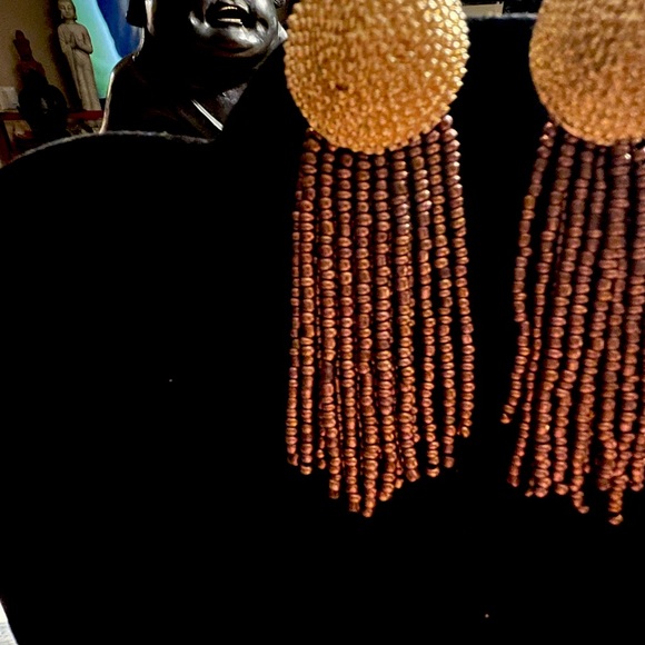 Pierced earrings posts with gold toned braided button long strands of beads - Picture 2 of 9